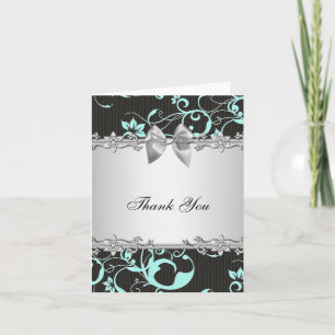 Teal Blue Black Damask Silver Thank You Card