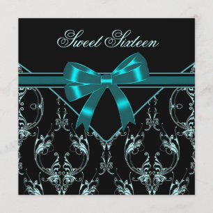 Teal Blue Black Damask Sweet 16 Party Invitation