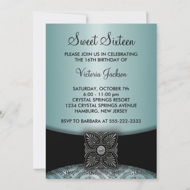 Teal Blue Black Damask Sweet Sixteen Party Invitation (Front)