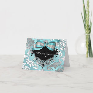 Teal Blue Black Damask Thank You Card