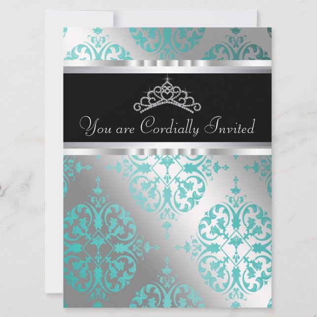Teal Blue Black Damask Tiara Teal Quinceanera Invitation (Front)