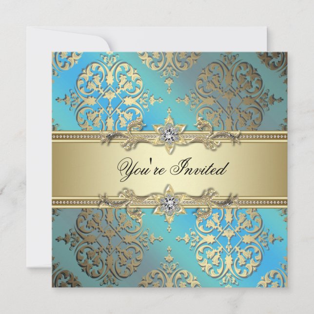 Teal Blue Black Gold Damask Party Invitation (Front)