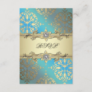 Teal Blue Black Gold Damask RSVP