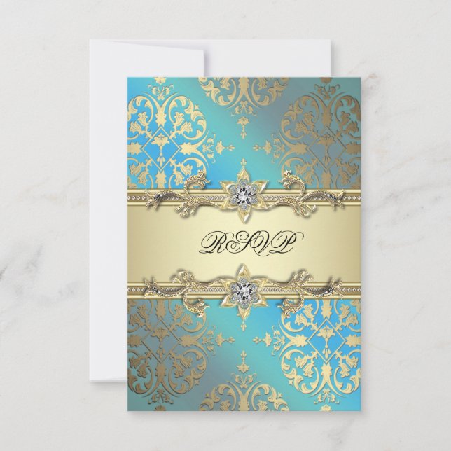 Teal Blue Black Gold Damask RSVP Card (Front)