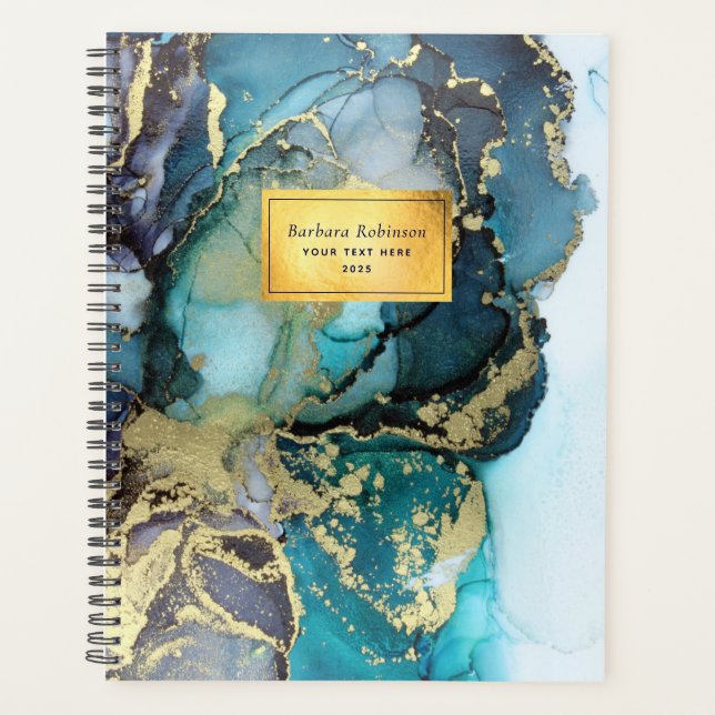 Teal Blue Black Gold Metallic Abstract Art Planner (Front)