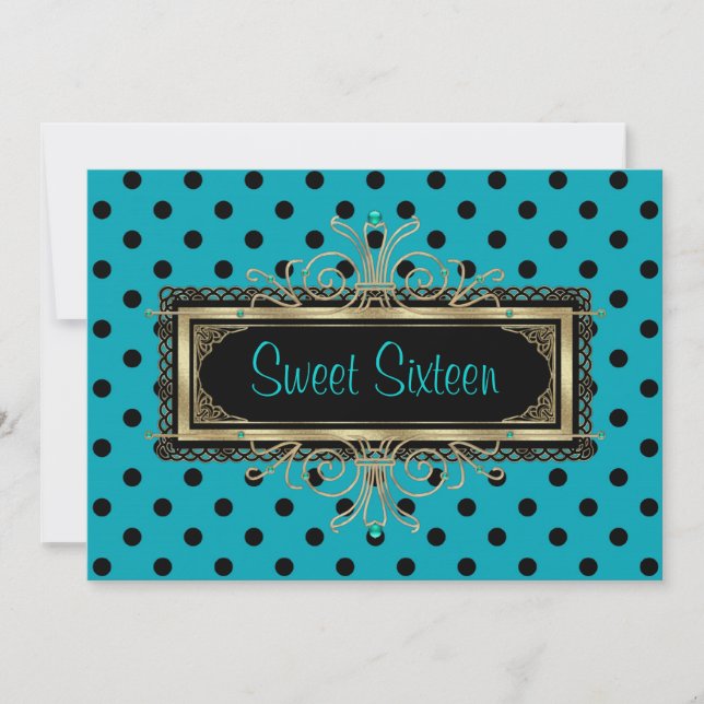 Teal Blue Black Gold Sweet Sixteen Birthday Party Invitation (Front)