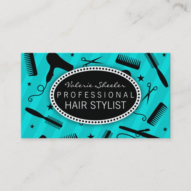 Teal Blue & Black Hair Salon Tools Business Card (Front)