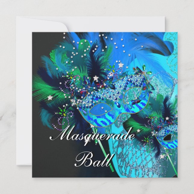 Teal Blue Black Masks Masquerade Ball Party Invitation (Front)