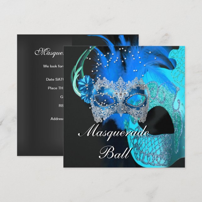 Teal Blue Black Masks Masquerade Ball Party Invitation (Front/Back)