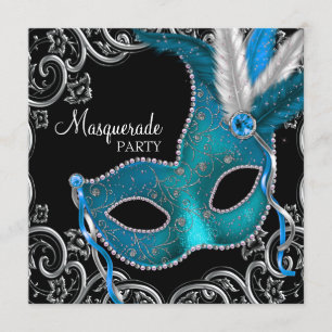 Teal Blue Black Masquerade Party Invitation