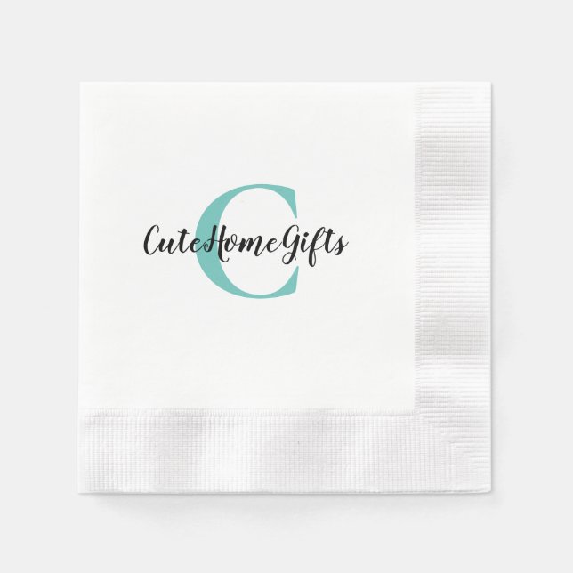 Teal Blue Black Monogram Name Cocktail Napkin (Front)