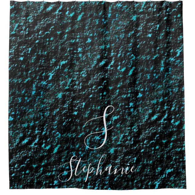 Teal Blue Black Patterns Modern Monogram Initials Shower Curtain (Front)