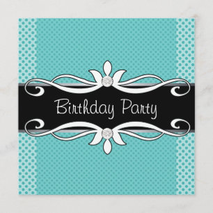 Teal Blue Black Polka Dot Womans Birthday Party Invitation