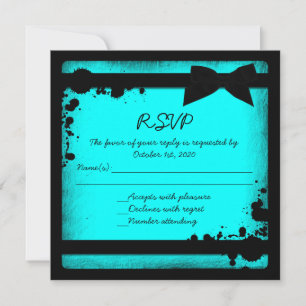 Teal blue black ribbon grunge wedding RSVP Invitation