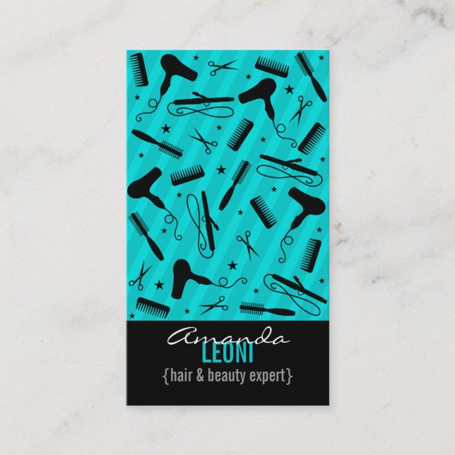 Teal Blue & Black Salon Tools Vertical Business Card (Front)