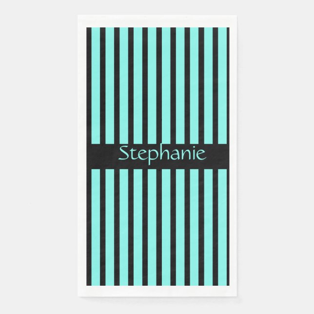 Teal Blue Black Stripes Baby Shower Custom Name Napkin (Front)