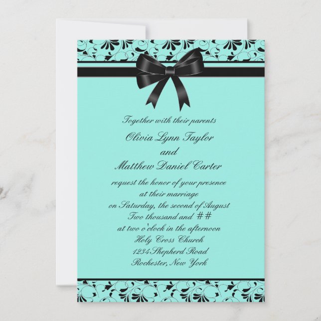 Teal Blue Black Swirl Aqua 5x7 Wedding Invitation (Front)
