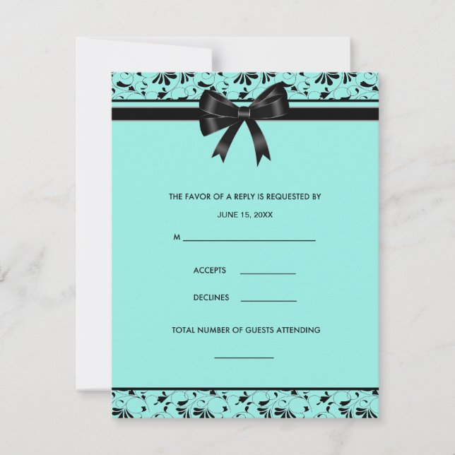 Teal Blue Black Swirl Aqua Invitation RSVP Card (Front)