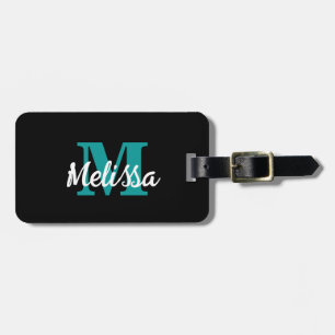 Teal Blue Black White Custom Name Colour Monogram Luggage Tag