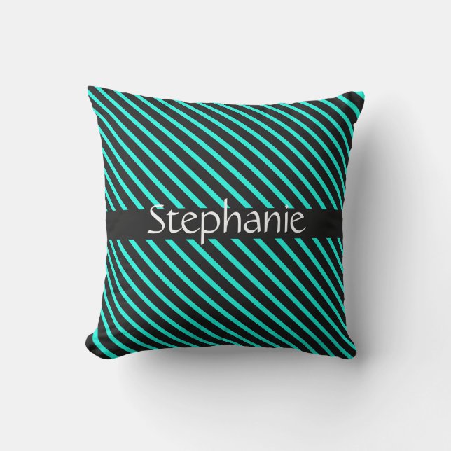 Teal Blue Black White Custom Name Stripes Gift Cushion (Front)