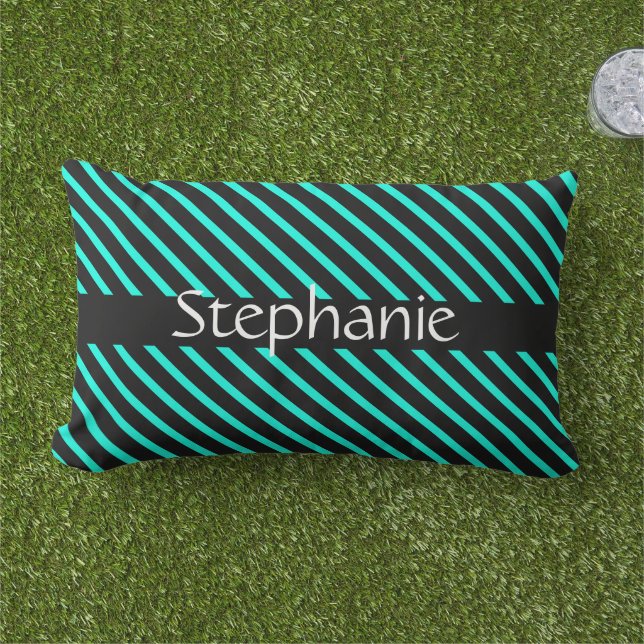 Teal Blue Black White Custom Name Stripes Gift Lumbar Cushion (Grass)