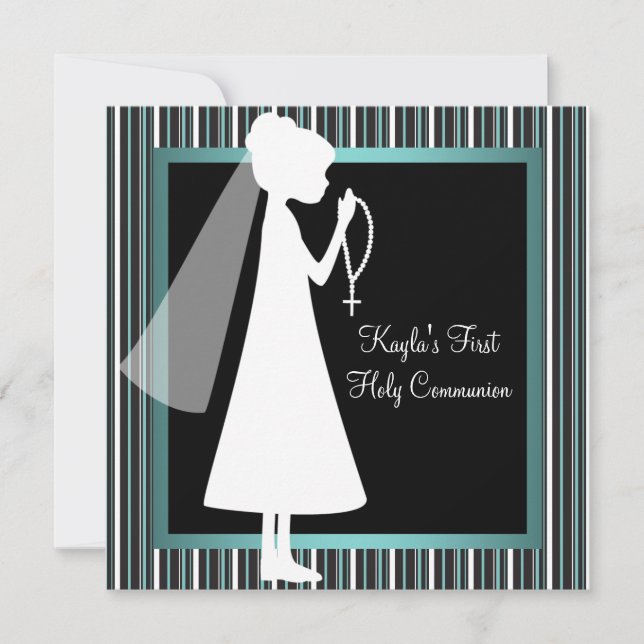 Teal Blue Black White Rosary Girls First Communion Invitation (Front)