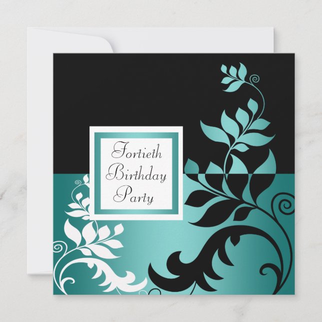 Teal Blue Black Womans 40th Birthday Party Invitation (Front)