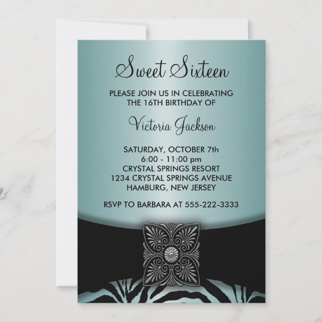 Teal Blue Black Zebra Sweet Sixteen Party Invitation (Front)