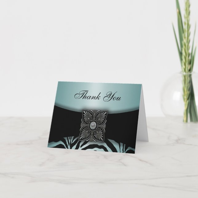 Teal Blue & Black Zebra Thank You Cards (Front)