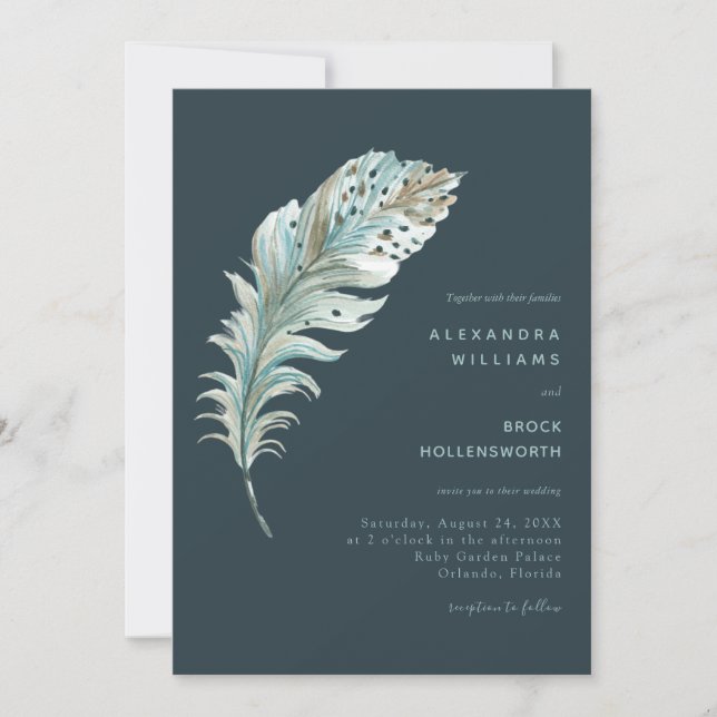 Teal Blue Boho Feather Minimal Wedding Invitation (Front)