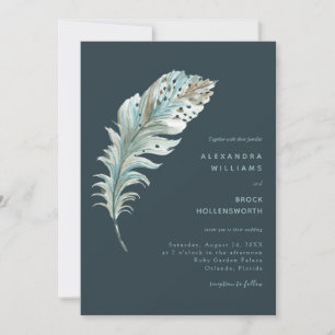 Teal Blue Boho Feather Minimal Wedding Invitation
