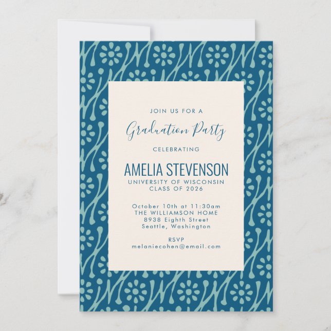 Teal Blue Boho Floral Art Drawing Graduation Party Invitation (Front)