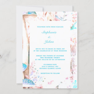Teal Blue Boho Woodland Mushroom Art Wedding Invitation