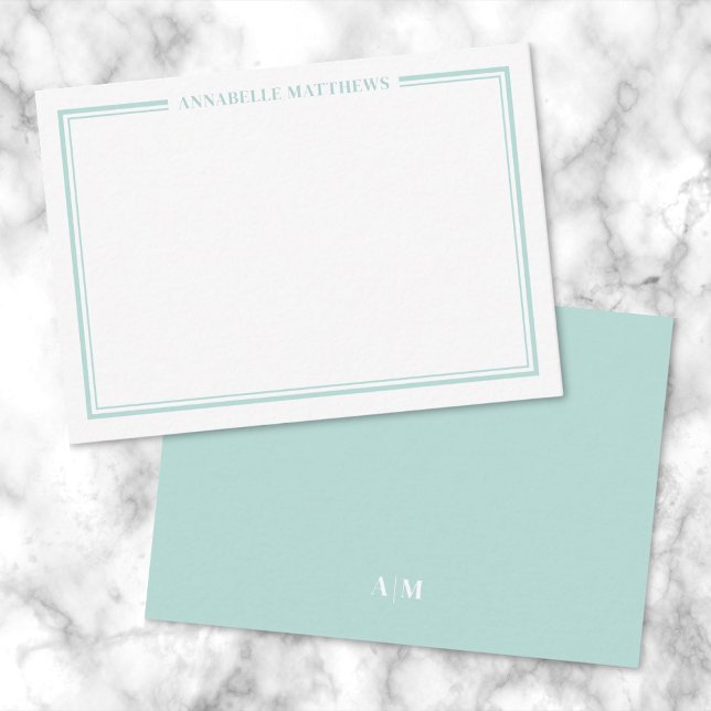 Teal Blue Border Minimalist Name Monogram Card (Teal Blue Border Minimalist Name Monogram Note Card )