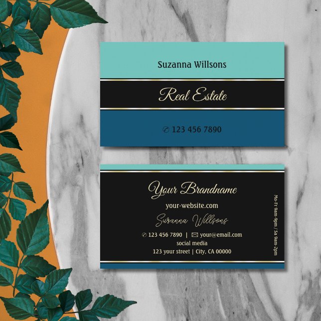 Teal Blue Borders on Black Professional Stylish Business Card (Creator Uploaded)