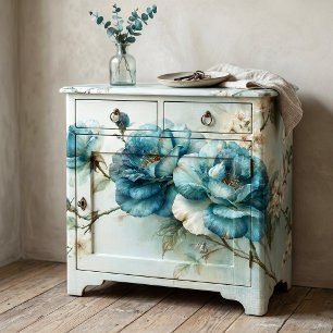 Teal Blue Botanical Peony Branch Decoupage Tissue Paper
