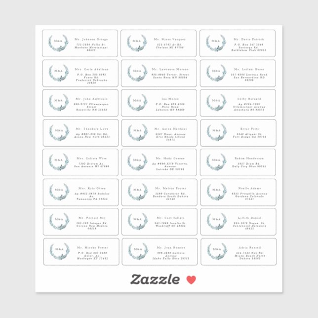 Teal Blue Botanical Wreath Monogram Wedding Guests (Sheet)