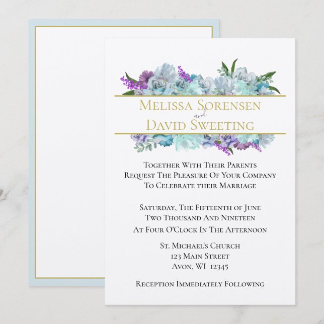 Teal Blue Bouquet Tradition Wedding Suite Ceremony Invitation (Front/Back)