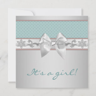 Teal Blue Bow Baby Girl Shower Invitation