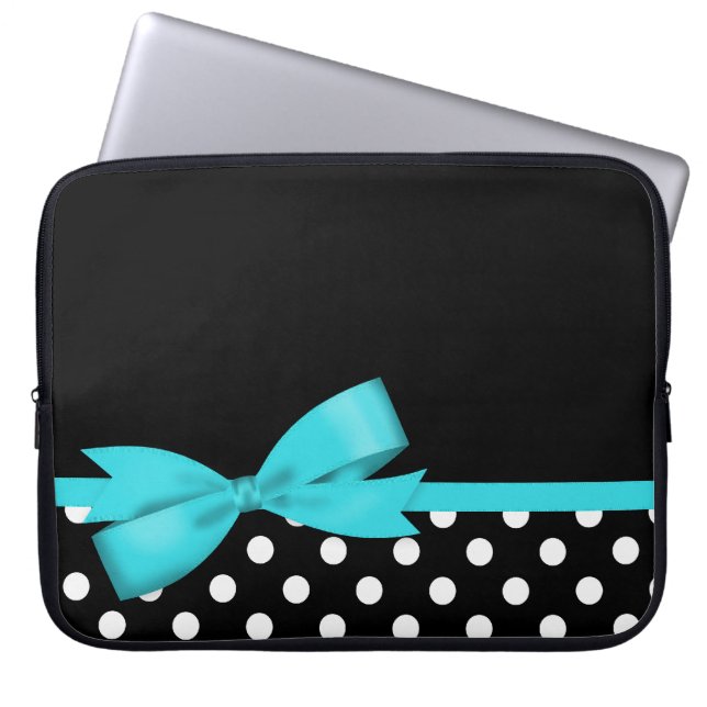 Teal Blue Bow Black and White Polka Dots Laptop Sleeve (Front)
