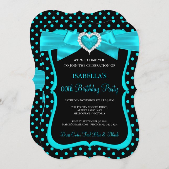 Teal Blue Bow Black Polka Dots Birthday Party Invitation (Front/Back)