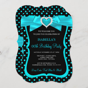 Teal Blue Bow Black Polka Dots Birthday Party Invitation