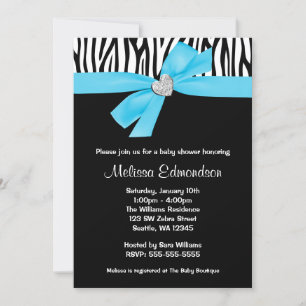 Teal Blue Bow Diamond Heart Zebra Baby Shower Invitation