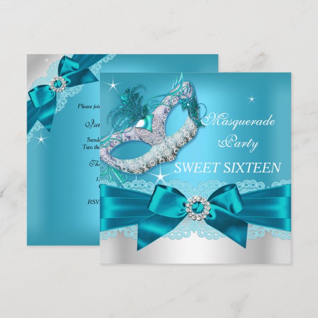 Teal Blue Bow Masquerade Sweet Sixteen Invite (Front/Back)