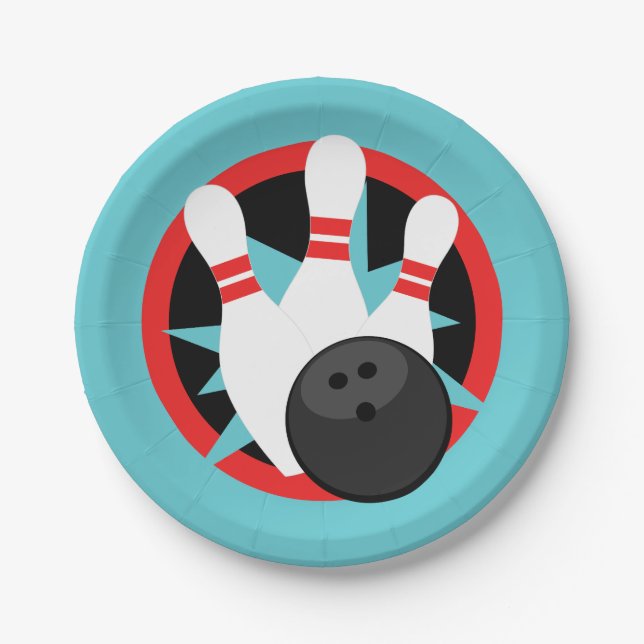 Teal Blue Bowling Pin Paper Plates (Front)
