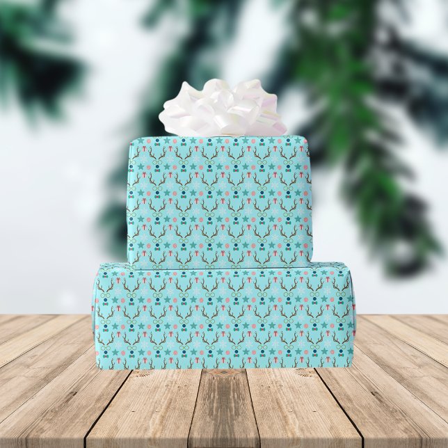 Teal Blue Boy Reindeer Cute Pattern Mix  Wrapping Paper (Creator Uploaded)