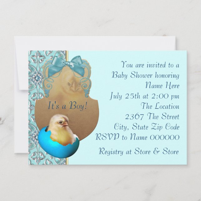 Teal Blue Boys Baby Chick Shower Invitations (Front)