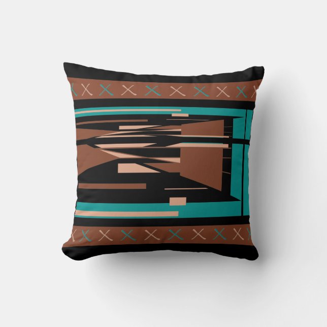 Teal Blue Brown Beige Black Mediterranean Mosaic Cushion (Front)