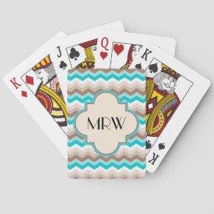 Teal Blue Brown Chevron Modern Monogram Playing Cards