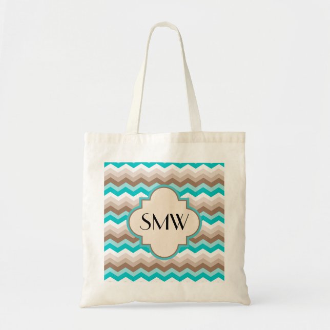Teal Blue Brown Chevron Modern Monogram Tote Bag (Front)